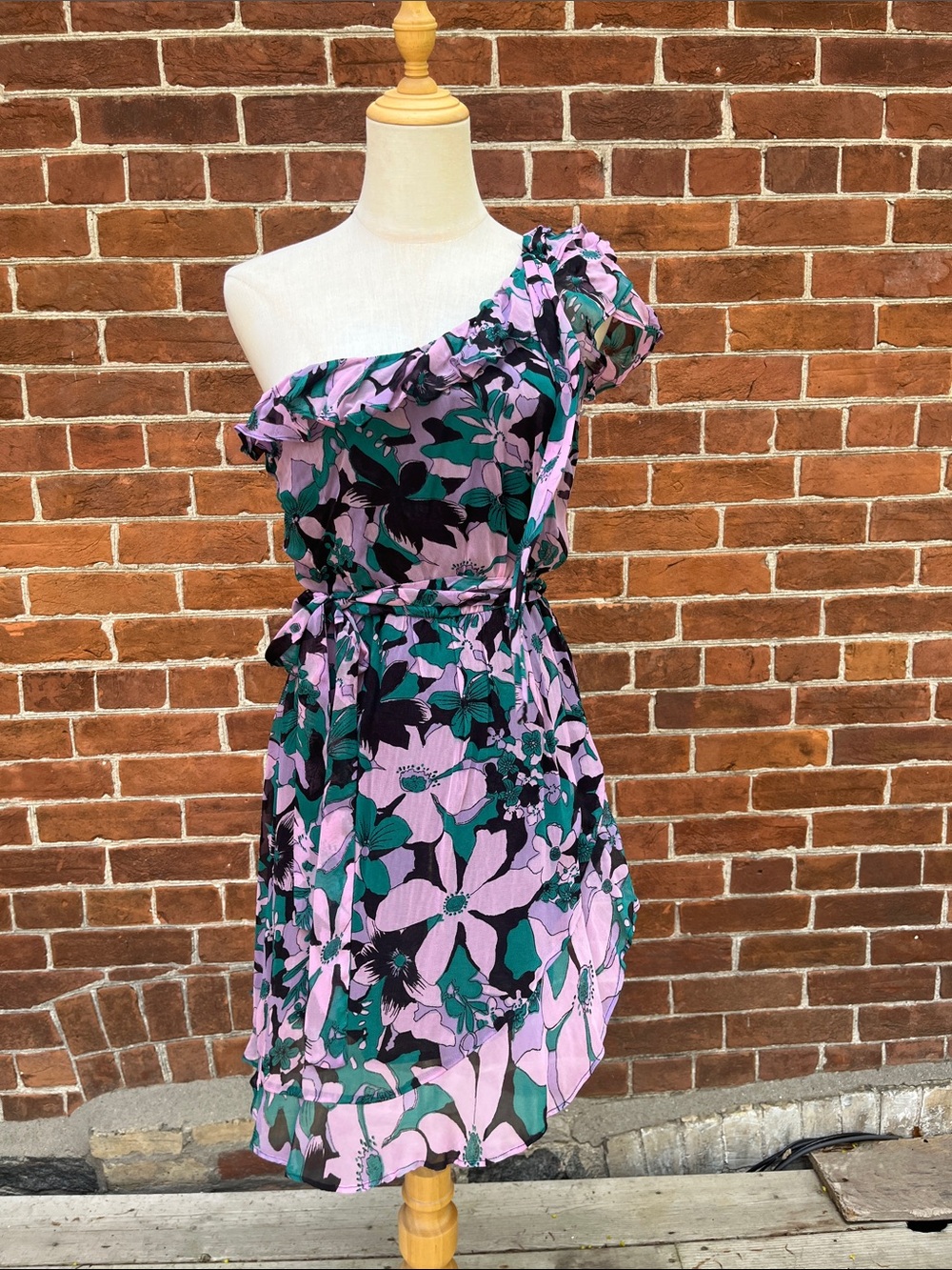 For Love & Lemons One-Shoulder Floral Dress in Lavender, Green, and Black